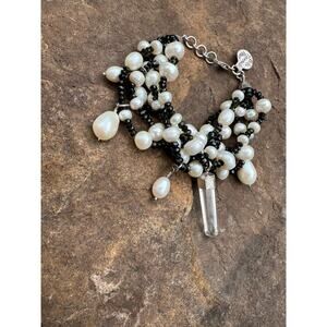 Black Tourmaline Pearl Bracelet Beaded Crystal Pearl Charms Sterling 8" - 8.5"